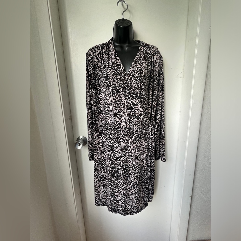 H Halston Women's Mixed Animal Raindrops Long Sleeve Wrap Dress Black Size XL